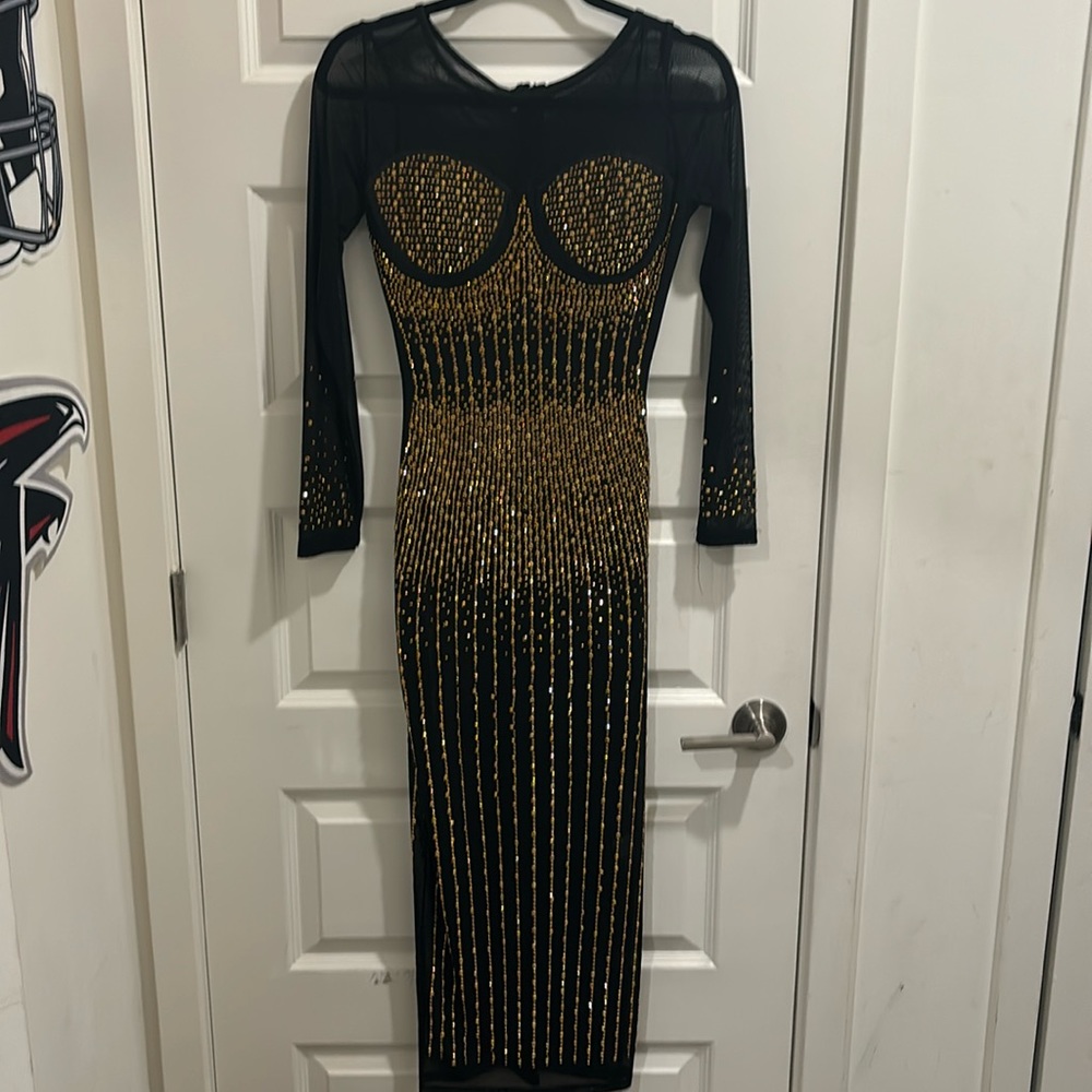 Long sleeve bedazzled sheer dress